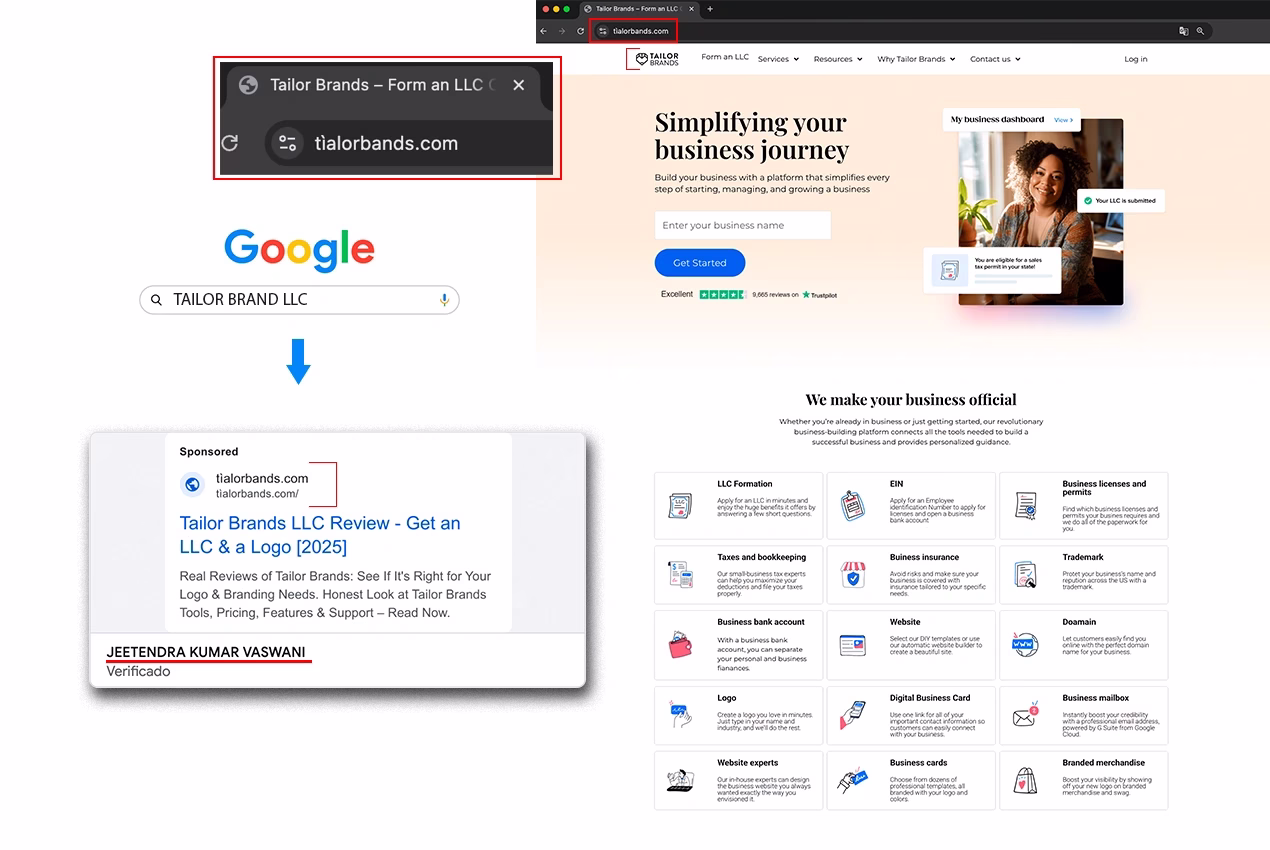 Ejemplo real: Página web falsificada de TailorBrands