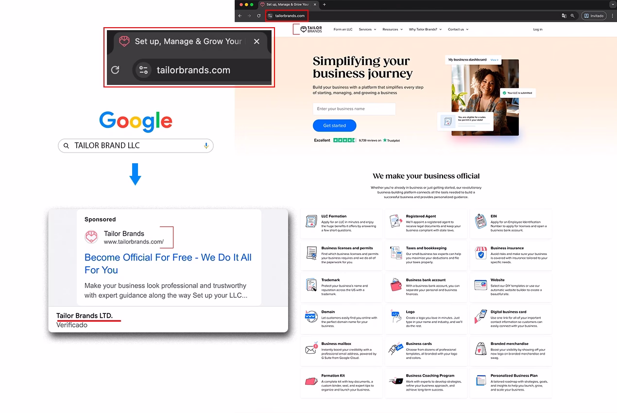 Ejemplo real: Página web falsificada de TailorBrands